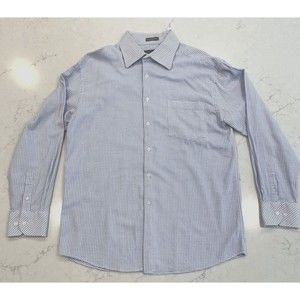 Estate Brand Mens Button Up Dress Shirt Blue & White Checked Sz XL 17 - 17 1/2
